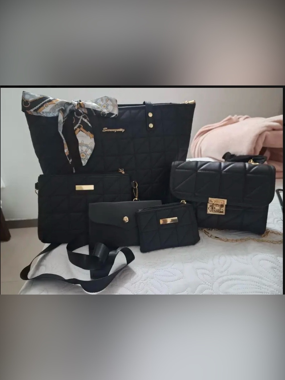 Black Quilted 5-Piece Women’s Bag Set